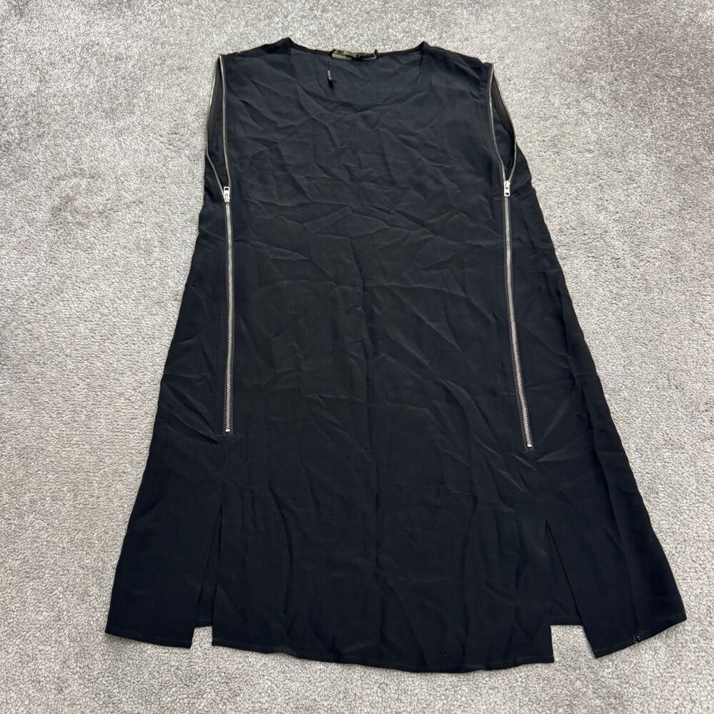 AllSaints Silk Aster Zip Midi Shift Dress Womens 8 Black Round Neck Sleeveless